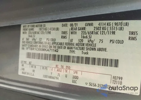 2021 Ford Transit-250 из США, поврежденный, VIN 1FTBR1C8XMKA71142